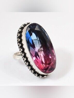 Bi-Color Tourmaline Silver Statement Ring Size 8